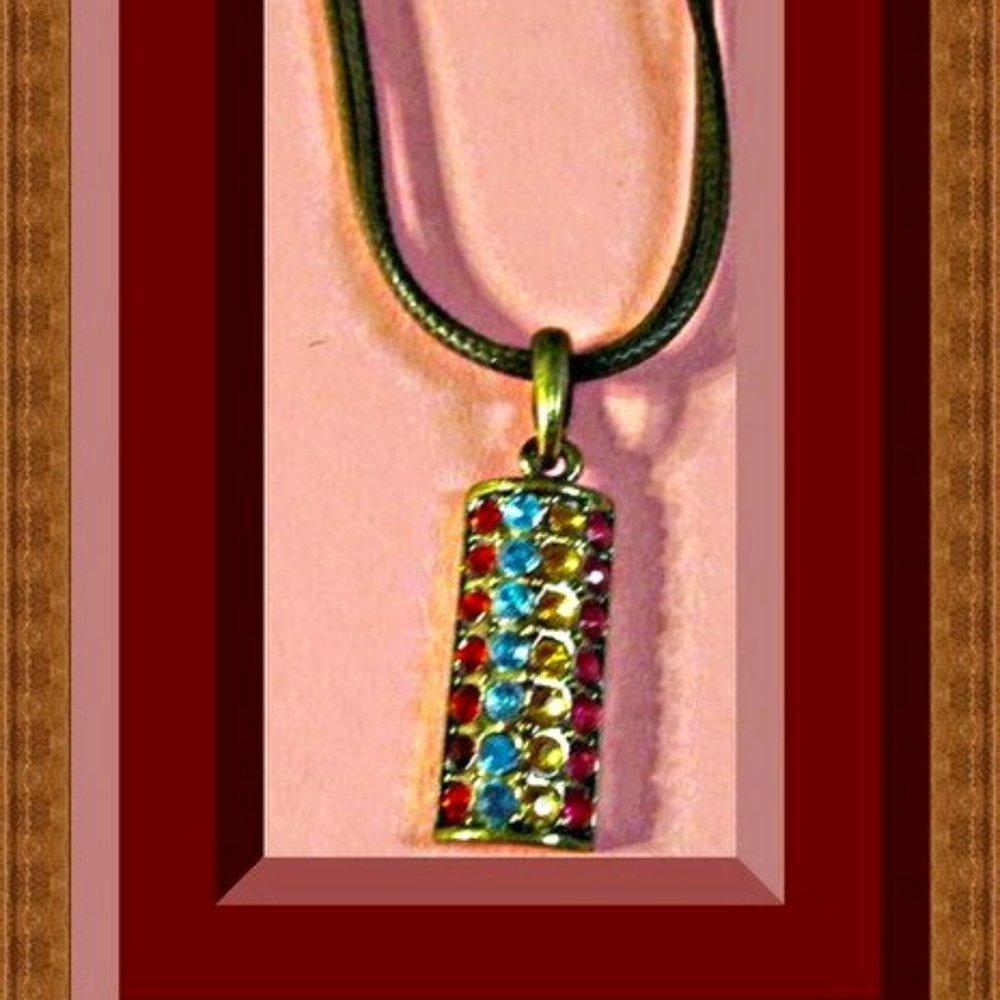 Antique Bronze In Color Necklace With Colorful Rhinestones & Brown Leather Chain